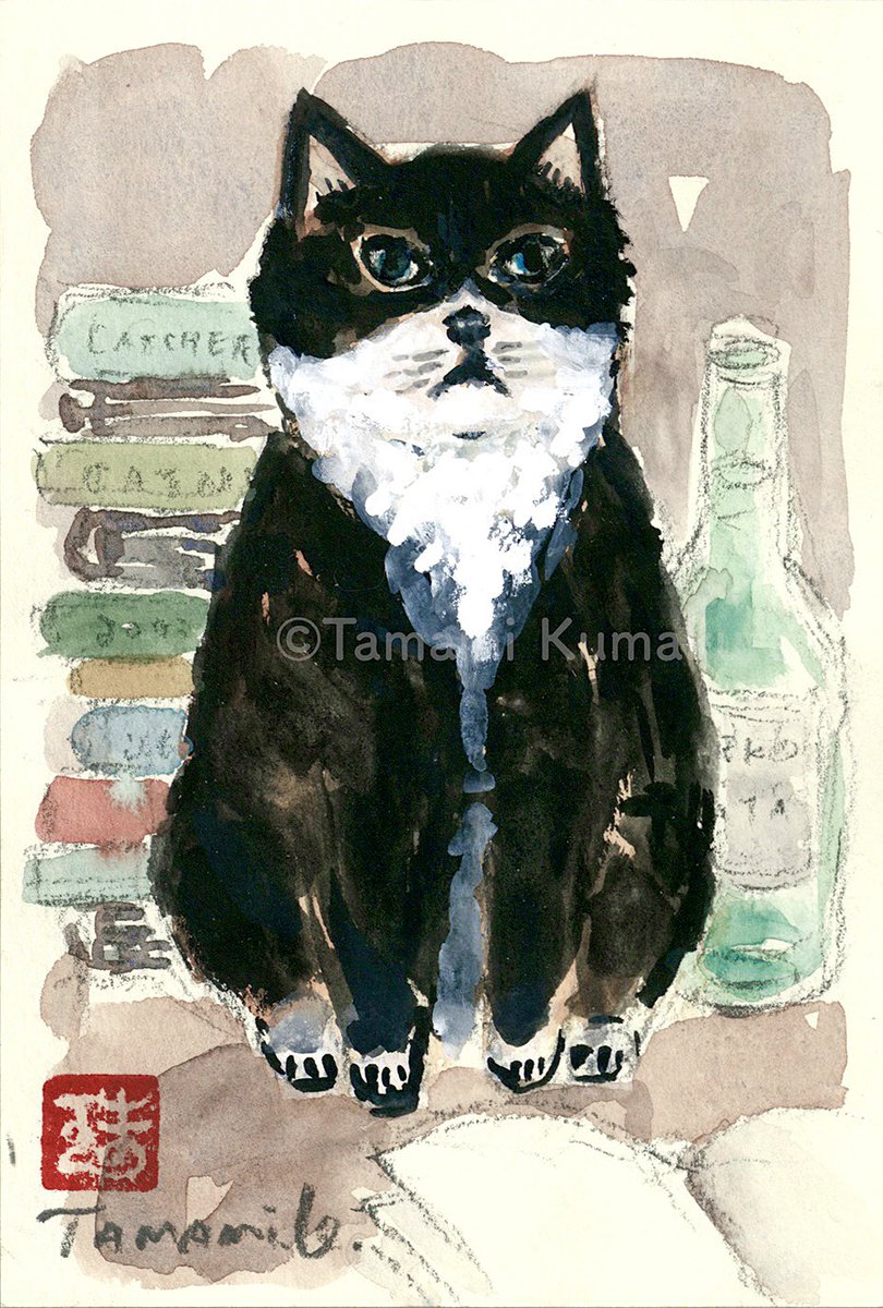 読書につきあう白黒さん ニャンぐるみになった猫ちゃんの原画に加筆