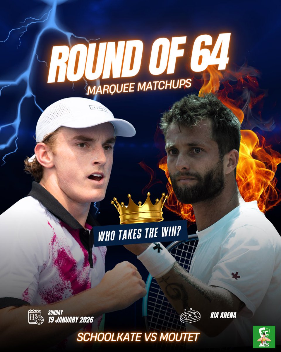 SCMates's tweet image. Happy #AusOpen2026 day for those who celebrate 😅. For the next fortnight we will bring you the top 3  #ATP  matches you should give a watch if you are tuned into the coverage or heading in. Day 1👇

1. Tiafoe vs Kubler
2. Kecmanovic vs Etcheverry
3. Schoolkate vs Moutet