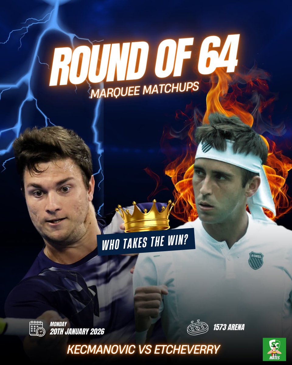 SCMates's tweet image. Happy #AusOpen2026 day for those who celebrate 😅. For the next fortnight we will bring you the top 3  #ATP  matches you should give a watch if you are tuned into the coverage or heading in. Day 1👇

1. Tiafoe vs Kubler
2. Kecmanovic vs Etcheverry
3. Schoolkate vs Moutet