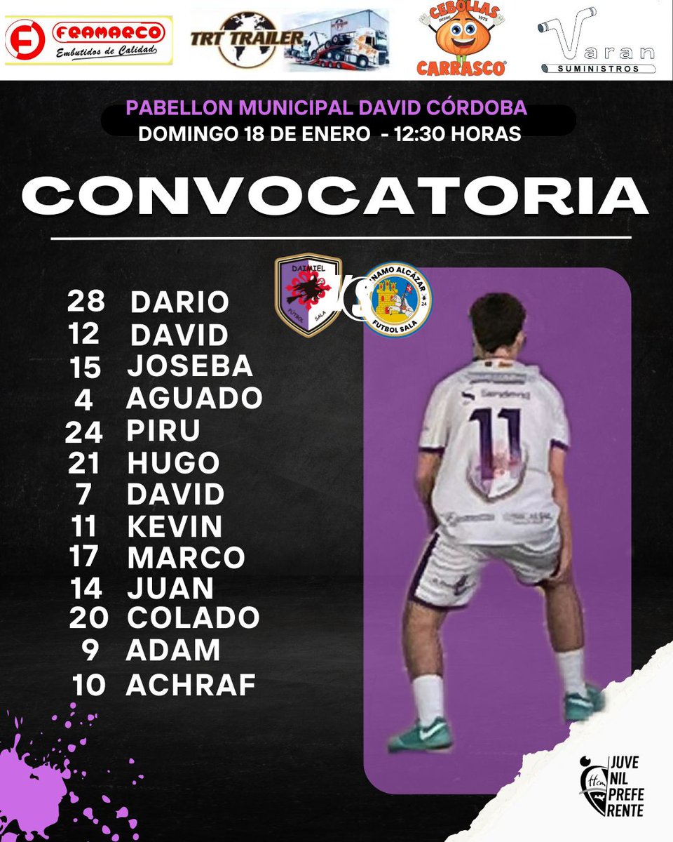 𝗖𝗢𝗡𝗩𝗢𝗖𝗔𝗧𝗢𝗥𝗜𝗔 𝗝𝗨𝗩𝗘𝗡𝗜𝗟 💜

Disponible la convocatoria del #trttrailer para el partido de mañana en el 🏟️ David Córdoba ante un equipo 💯

Los 💜 darán todo para volver a ➕ 

📆 Domingo 18
⌚ 12:30 h.
🆚 #dynamoalcazar
🏟️ David Córdoba

A por todas equipo 💜