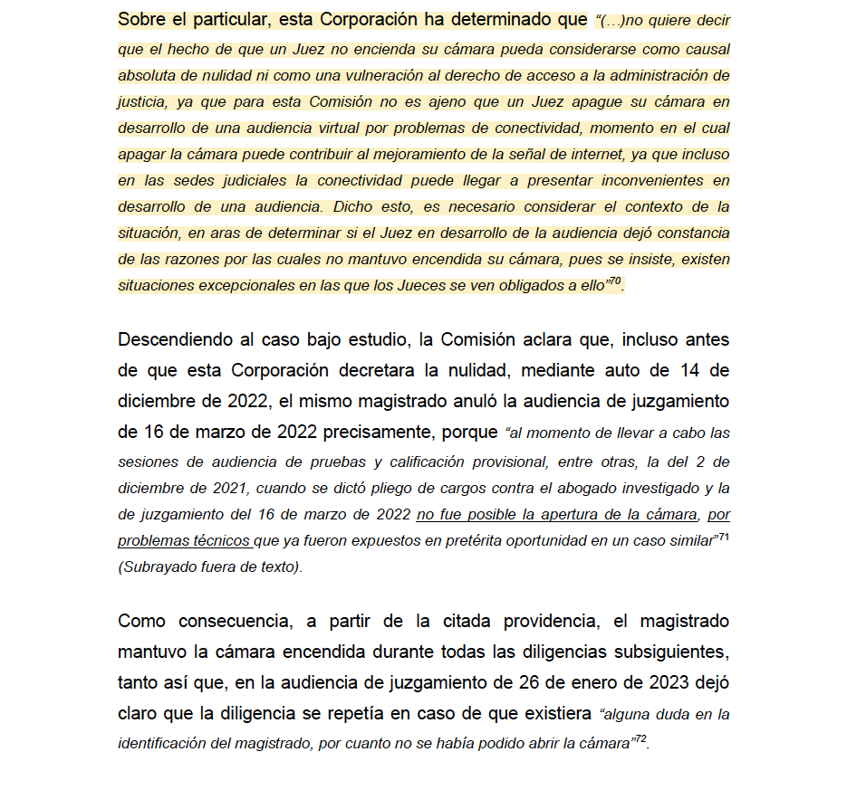 Melovides's tweet photo. La realización de una audiencia con la cámara apagada no puede considerarse causal absoluta de nulidad ni como vulneración al derecho de acceso a la administración de justicia, de modo que, se debe verificar el contexto en el que esto ocurre. https://t.co/Z962YXMH9M https://t.co/RCKa8gA2N2