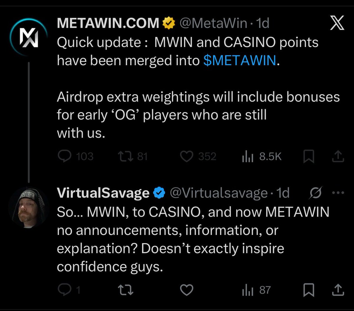Virtualsavage's tweet image. If you call into question, be opinionated, or critical, you get blocked and discord banned @MetaWin 
Legitimate question AND statement given the amount of pivots that have happened in the last few years. Mind you, millions have been wagered there. So I’ve earned the questions.