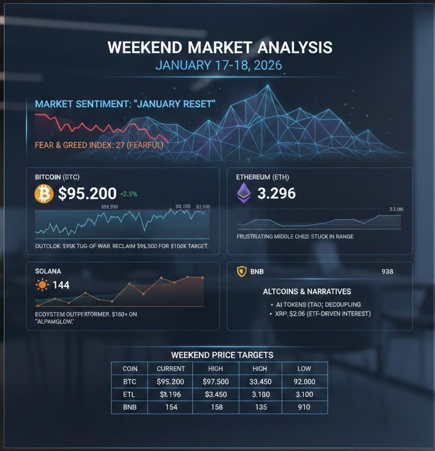 japhetd871's tweet photo. #WeekendMarketAnalysis
As we head towards the weekend of January 17-18, 2026, the cryptocurrency market is currently characterized by "high-altitude consolidation." Following a strong start to the year with Bitcoin briefly reaching $98,000, the market is currently experiencing a cooling-off period characterized by mixed signals and cautious institutional participation.
Here is the market analysis and price outlook for the major cryptocurrencies for this weekend.
Market Sentiment: "January Reset"
The current volatility is seen as a typical Q1 "clean-up." Following the 2025 holiday rallies, institutional players are rebalancing their portfolios. While the "Fear and Greed Index" has fallen into a neutral/fearful zone (around 27), this is largely due to profit-taking rather than a structural collapse.
1. Bitcoin (BTC): The $95k Tug-of-War
Bitcoin is currently range-bound. After hitting $98,000, it saw a rejection and is now hovering around the $95,000 mark.
Outlook: Expect continued fluctuation. BTC needs to reclaim and hold $96,500 to signal a fresh leg up toward the psychological $100,000 barrier.
Support/Resistance: Strong support sits at $92,000. If this holds over the weekend, a rebound is likely by Sunday evening. A drop below $88,000 would signal a deeper retracement.
2. Ethereum (ETH): The "Frustrating Middle Child"
Ethereum continues to struggle with narrative dominance, currently trading around $3,200–$3,300. While fundamental progress (scaling and L1 throughput) is exponential, the price action remains lethargic compared to Bitcoin.
Outlook: Likely to follow BTC's lead with slightly higher volatility. Institutional interest in ETH staking and ETFs remains a long-term tailwind, but for this weekend, expect it to remain stuck in the $3,100–$3,400 range.
3. Solana (SOL): The Ecosystem Outperformer
Solana remains the "darling" of the current cycle, supported by surging meme coin activity (accounting for 50% of its DEX volume) and real-world asset (RWA) tokenization.
Outlook: Currently trading near $144. SOL has shown more resilience than ETH during recent dips. If the market rebounds, SOL is positioned to lead the charge toward $160+ due to high network activity and the "Alpenglow" upgrade hype.
4. Altcoins & Narratives
BNB: Holding steady near $938, benefiting from continued dominance in spot volume.
AI Tokens (e.g., TAO): Decentralized AI is decoupling from traditional tech stocks, showing strength even when the broader market is flat.
XRP: Consolidating around $2.06 after a period of heavy ETF-driven interest.
The Verdict: Fluctuation or Rebound?
The weekend is likely to start with continued fluctuation as the market digests recent ETF outflows. However, there is a strong case for a late-weekend rebound:
Spot Demand: While leverage is being wiped out, spot buying remains healthy.
Macro Triggers: Investors are eyeing a U.S. Supreme Court ruling on Jan 20, which may lead to "pre-game" accumulation on Sunday.
Liquidity: The "coiling" pattern in BTC suggests that when the current range breaks, the move will be violent—likely to the upside given the bullish 2026 structure.
Summary Table: Weekend PriceTargets
BTC | $95,200 | $97,500 | $92,000 |
ETH | $3,296 | $3,450 | $3,100 |
SOL | $144 | $158 | $135 |
BNB | $938 | $960 | $910 |