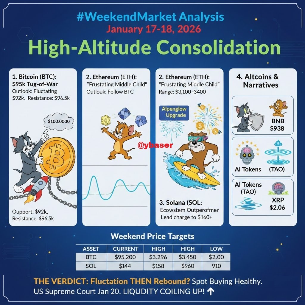 japhetd871's tweet photo. #WeekendMarketAnalysis
As we head towards the weekend of January 17-18, 2026, the cryptocurrency market is currently characterized by "high-altitude consolidation." Following a strong start to the year with Bitcoin briefly reaching $98,000, the market is currently experiencing a cooling-off period characterized by mixed signals and cautious institutional participation.
Here is the market analysis and price outlook for the major cryptocurrencies for this weekend.
Market Sentiment: "January Reset"
The current volatility is seen as a typical Q1 "clean-up." Following the 2025 holiday rallies, institutional players are rebalancing their portfolios. While the "Fear and Greed Index" has fallen into a neutral/fearful zone (around 27), this is largely due to profit-taking rather than a structural collapse.
1. Bitcoin (BTC): The $95k Tug-of-War
Bitcoin is currently range-bound. After hitting $98,000, it saw a rejection and is now hovering around the $95,000 mark.
Outlook: Expect continued fluctuation. BTC needs to reclaim and hold $96,500 to signal a fresh leg up toward the psychological $100,000 barrier.
Support/Resistance: Strong support sits at $92,000. If this holds over the weekend, a rebound is likely by Sunday evening. A drop below $88,000 would signal a deeper retracement.
2. Ethereum (ETH): The "Frustrating Middle Child"
Ethereum continues to struggle with narrative dominance, currently trading around $3,200–$3,300. While fundamental progress (scaling and L1 throughput) is exponential, the price action remains lethargic compared to Bitcoin.
Outlook: Likely to follow BTC's lead with slightly higher volatility. Institutional interest in ETH staking and ETFs remains a long-term tailwind, but for this weekend, expect it to remain stuck in the $3,100–$3,400 range.
3. Solana (SOL): The Ecosystem Outperformer
Solana remains the "darling" of the current cycle, supported by surging meme coin activity (accounting for 50% of its DEX volume) and real-world asset (RWA) tokenization.
Outlook: Currently trading near $144. SOL has shown more resilience than ETH during recent dips. If the market rebounds, SOL is positioned to lead the charge toward $160+ due to high network activity and the "Alpenglow" upgrade hype.
4. Altcoins & Narratives
BNB: Holding steady near $938, benefiting from continued dominance in spot volume.
AI Tokens (e.g., TAO): Decentralized AI is decoupling from traditional tech stocks, showing strength even when the broader market is flat.
XRP: Consolidating around $2.06 after a period of heavy ETF-driven interest.
The Verdict: Fluctuation or Rebound?
The weekend is likely to start with continued fluctuation as the market digests recent ETF outflows. However, there is a strong case for a late-weekend rebound:
Spot Demand: While leverage is being wiped out, spot buying remains healthy.
Macro Triggers: Investors are eyeing a U.S. Supreme Court ruling on Jan 20, which may lead to "pre-game" accumulation on Sunday.
Liquidity: The "coiling" pattern in BTC suggests that when the current range breaks, the move will be violent—likely to the upside given the bullish 2026 structure.
Summary Table: Weekend PriceTargets
BTC | $95,200 | $97,500 | $92,000 |
ETH | $3,296 | $3,450 | $3,100 |
SOL | $144 | $158 | $135 |
BNB | $938 | $960 | $910 |