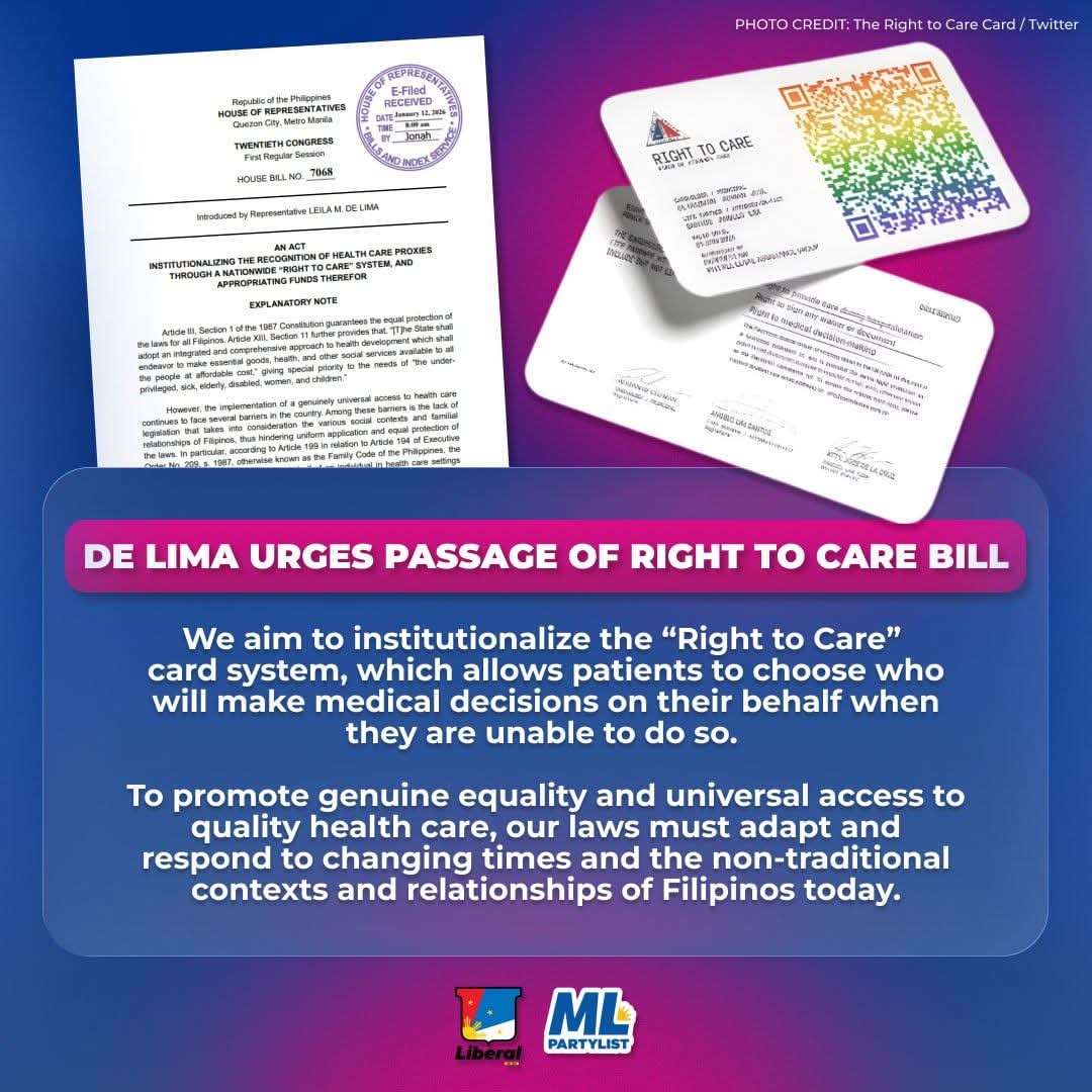 𝐑𝐢𝐠𝐡𝐭 𝐭𝐨 𝐂𝐚𝐫𝐞 𝐀𝐜𝐭, 𝐈𝐩𝐚𝐬𝐚 𝐧𝐚! ✊🏼💙

Itinutulak ng ML Partylist at ni Rep. Leila de Lima ang agarang pagsasabatas ng Right to Care Act o House Bill No. 7068 sa Kamara.