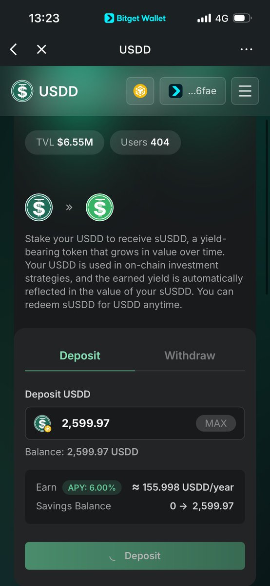 【💰放置 to Earn】
BitgetWalletアプリ経由からUSDDをステーキングすると6%からさらに利回り追加されて12%になります！

2600ドルほどステーキングしてみました。
かかったガス代は$0.06
1ヶ月放置で$25ドルの利益になる見込み

ステーブルコイン余ってる人はやってみてください◎