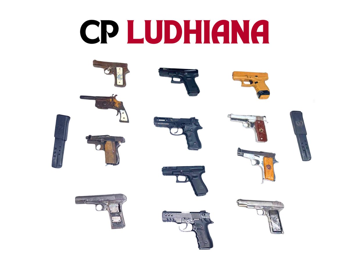 DGPPunjabPolice's tweet image. In a major breakthrough, #Ludhiana Commissionerate Police busts an extortion module linked to Gangster Goldy Brar, apprehends 10 operatives in a focused 3-week operation and recovers foreign-made pistols, including 2 Austrian #Glock pistols and 10 other sophisticated weapons.