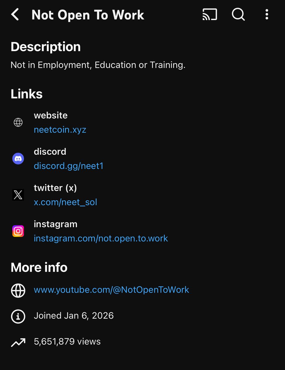 It’s actually 6K subs and 5.7M views lmao 

I don’t care how long it takes $neet is the next billion dollar memecoin 

Kind regards and fuck you