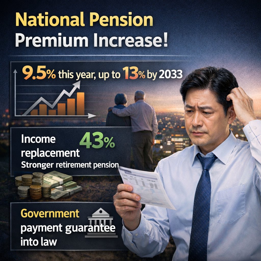 2026년 국민연금이 바뀐다! 💰

✅ 보험료: 9% → 9.5% (월 7,700~15,400원 ↑)
✅ 연금액: 소득대체율 43%로 인상
✅ 국가가 지급 보장 명문화

더 내지만, 더 받는 개혁이에요.

상세내용보기 :
onbinder.com

#국민연금 #국민연금개혁 #2026년 #보험료인상 #소득대체율 #노후준비