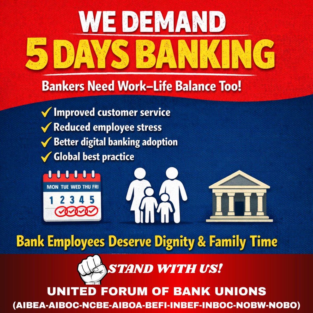 A 5-day work week strengthens service delivery and improves overall banking efficiency.
#Implement5DayBanking 
#AIBEA 
<a href="/DFS_India/">DFS</a> <a href="/FinMinIndia/">Ministry of Finance</a> <a href="/ChiefIba/">IBA_Chief_Executive</a> <a href="/ChairmanIba/">Chairman IBA</a> <a href="/AIBEA/">AIBEA</a> <a href="/ChVenkatachalam/">CH VENKATACHALAM</a>