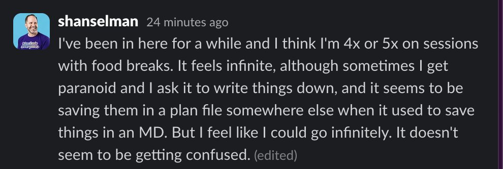 We've been working on something internally called "infinite sessions".  

When you're in a long session, repeated compactions result in non-sense. People work around this in lots of ways. 

Usually temporary markdown files in the repo that the LLM can update - the downside being