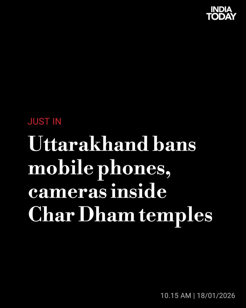 IndiaToday's tweet image. Uttarakhand has announced a complete ban on mobile phones and cameras inside Char Dham temple complexes from this year to ensure smooth darshan and maintain sanctity.

Read more: intdy.in/w7k2qf

#Uttarakhand #Phones #Cameras #CharDham #JustIn