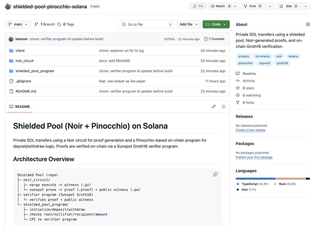 Just open-sourced a new resource for the @solana Privacy Hackathon 🚢 This  repo demonstrates an example SOL shielded pool, combining the efficient  Pinocchio library from @anza_xyz with an on-chain Groth16 verifier by @