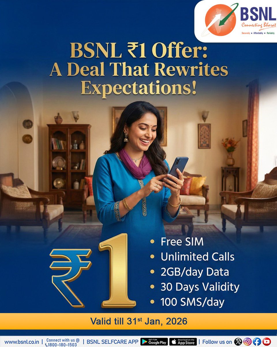 Experience connectivity that delivers more than expected.

With the BSNL ₹1 Offer,  enjoy Free SIM with unlimited calling, 2GB high-speed data per day, 100 SMS/day, and 30 days validity all at just ₹1.

Built on reliability, security, and nationwide coverage. 

Offer Valid till