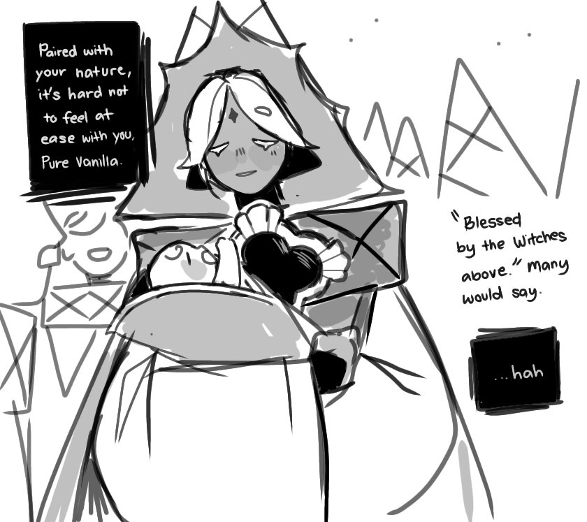 Gwynyy5's tweet image. To be eaten (4/6)
Lil comic I made diving in what I imagine that may have happen before the attack on the Vanilla Kingdom, post WL fumbling into ultimate dough. Ft. DE pretending to be WL with PV mwehehe.
#crkfanart #whitelilycookie #darkenchantresscookie #purevanillacookie