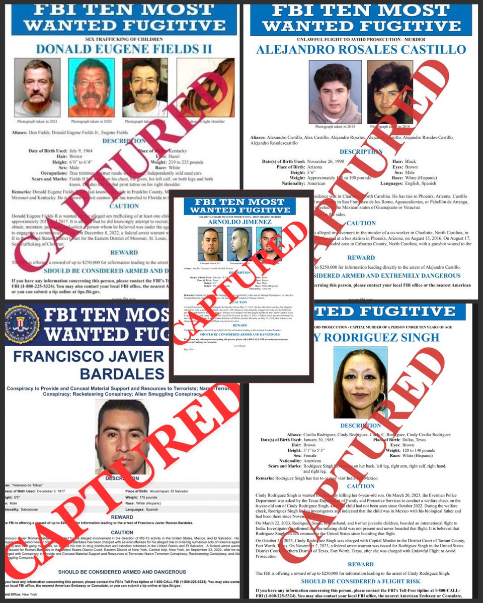 FBIDirectorKash's tweet image. 1 Year - 5 of FBI's TOP TEN MOST WANTED CAPTURED 

5 Top Ten Most Wanted fugitives who spent over three decades collectively evading justice have been put in custody by this FBI in just under 1 year. 

Under the leadership of President Trump, this @FBI is defending the homeland,…