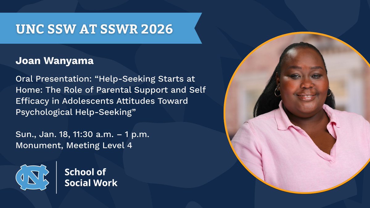 UNC_SSW's tweet photo. Join us on Day 4 of #SSWR2026 for Joan Wanyamaโs oral presentation on the role of parental support and self efficacy in adolescent attitudes toward psychological help-seeking.
๐
Sunday, January 18
๐ 11:30 a.m. โ 1 p.m.
๐ Monument, Meeting Level 4
#UNCSSW @SSWROrg https://t.co/Mff0T8jmVZ
