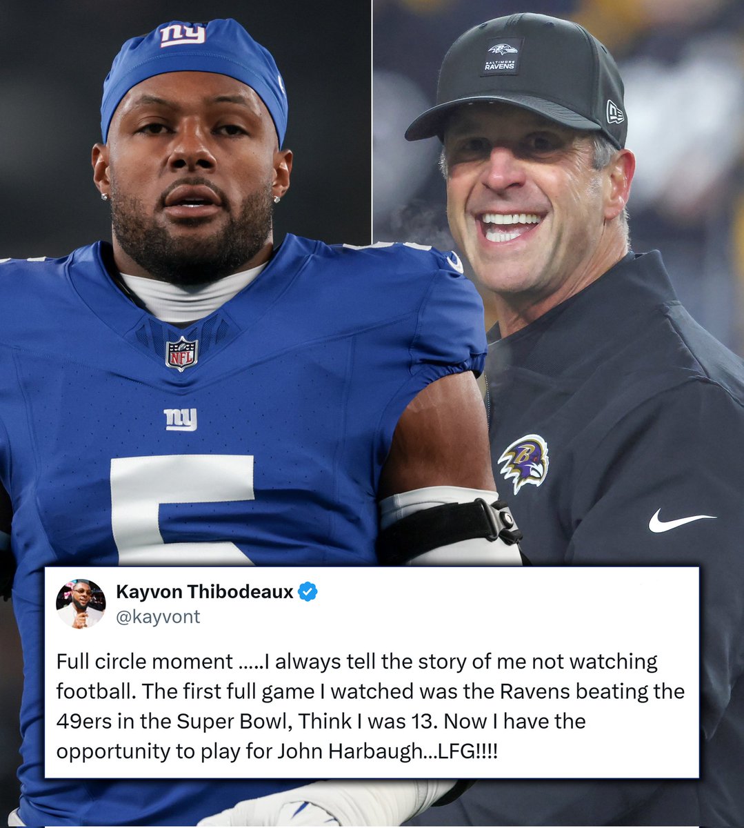 A full-circle moment for Kayvon Thibodeaux with the Giants hiring John Harbaugh 💙❤️