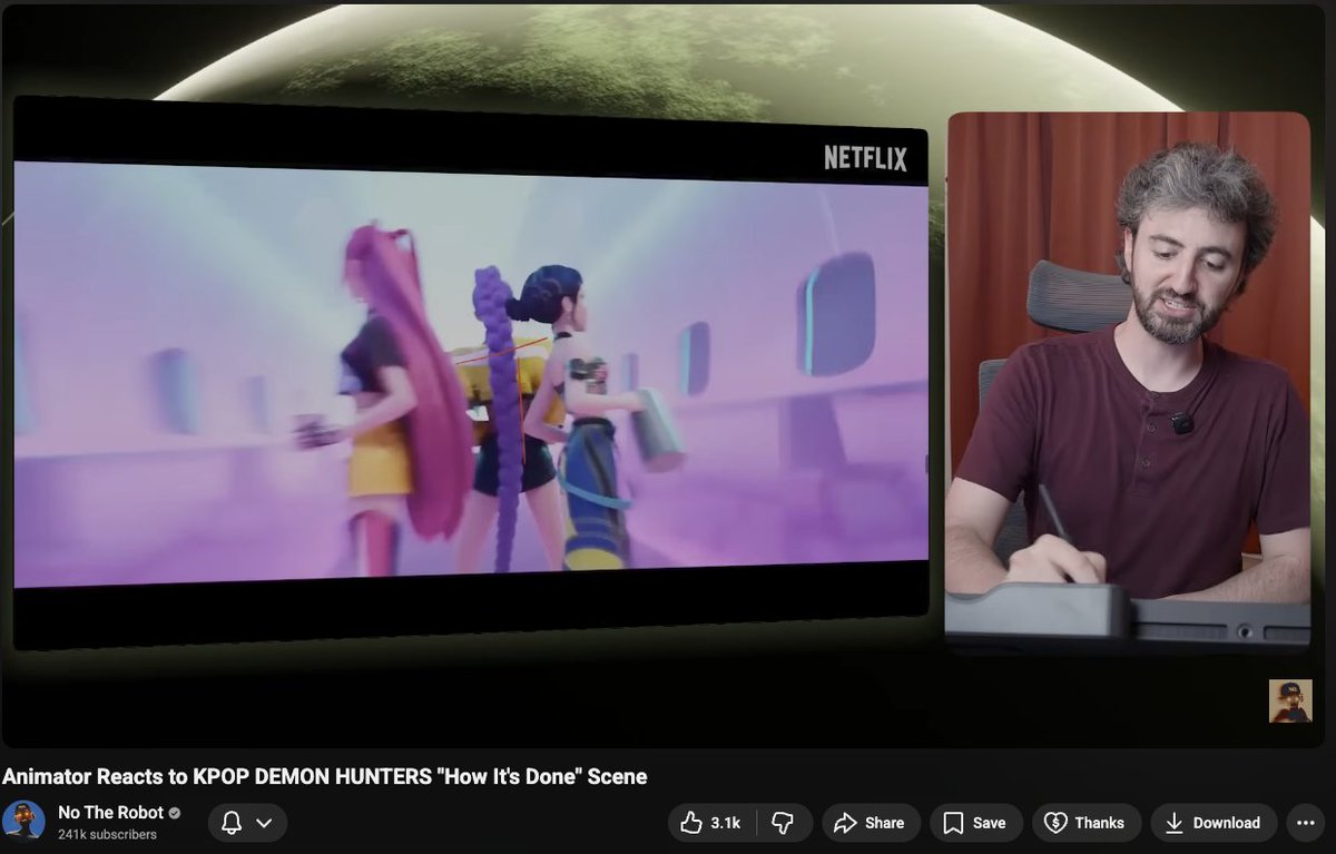 shi_z67's tweet photo. 【動画紹介】K-Pop Demon Hunters: アニメーターさんがアニメーション映画を観て解析してる動画、めっちゃ面白かった。
誇張アニメーションで良く挙げられる、「いや、骨折れとるやろ！」みたいな表現を含め、「目指している表現を作るために、どれだけ現実にウソをついているか」という内容メイン。他、作り手側の意図を解析している。

実写映像制作でもやる手法もちらほら。（添付画像順）
１・前景と背景が3D空間的に整合性をなしていない
２・見栄えを良くするために、キャラの身長をごまかす
３・複数のカットだが、繋ぎ方で１カットのように見せる（作り手側的に管理しやすい）
４・画面の賑やかしで美しさやダイナミズムを加える

動画はこちらをどうぞ。
https://t.co/8oUUcx8Ejh

#CG勉強
