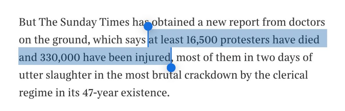 AlertaMundoNews's tweet image. 🇮🇷 | LO ÚLTIMO: Al menos 16.500 manifestantes antigubernamentales han muerto y 330.000 han resultado heridos en Irán, según The Sunday Times.