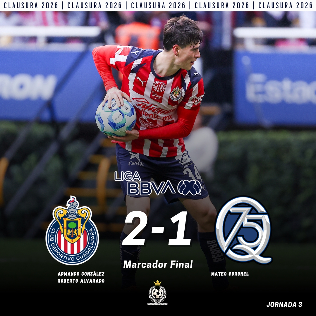 DistritoFutbol1's tweet photo. #ligabbvamx ⚽️

Chivas 2-1 Querétaro

⚽ Armando González (Chivas)
⚽ Roberto Alvarado (Chivas)
⚽ Mateo Coronel (Querétaro)

📸 @Chivas 

#ligamx #clausura2026 #DaleRebaño 🐐 #ResetAzulyNegro https://t.co/e74r1qQ3Ap