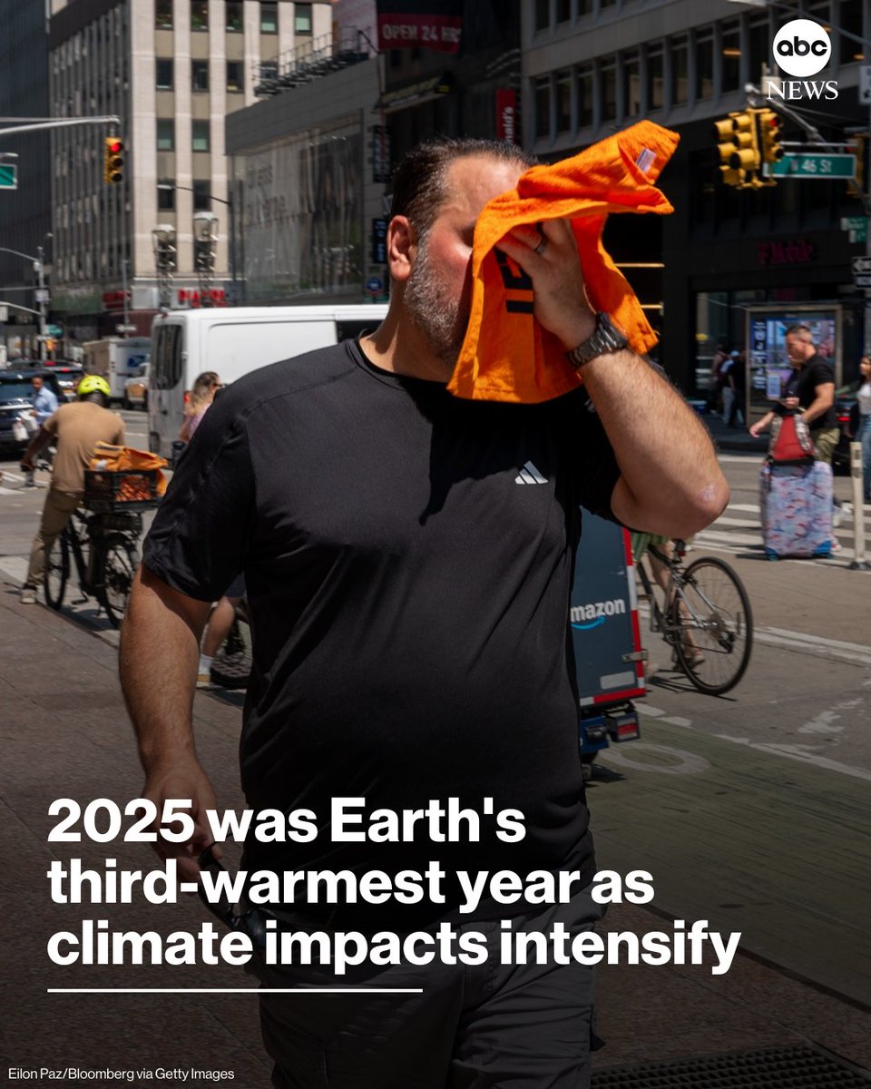 ABC's tweet image. Although 2025 did not set a new global temperature record, it still delivered clear signs of a warming planet.

Read more: abcnews.link/WoQjTJ2