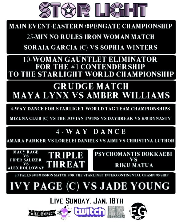 Starlight_Joshi's tweet image. INVASION PERTH AUSTRALIA!

🏆Ivy vs Jade Young
💥Mantis vs Matua 
🔥Da Squad Triple Threat
⭐️J1 Showcase
🏆KO vs Mizuna Club vs Jovians vs Daybreak
💵 Lynx vs Williams
🗣️Chase the Dream Gauntlet for Starlight World Championship Match at Written in the Stars VI
🏆Garcia vs Winters