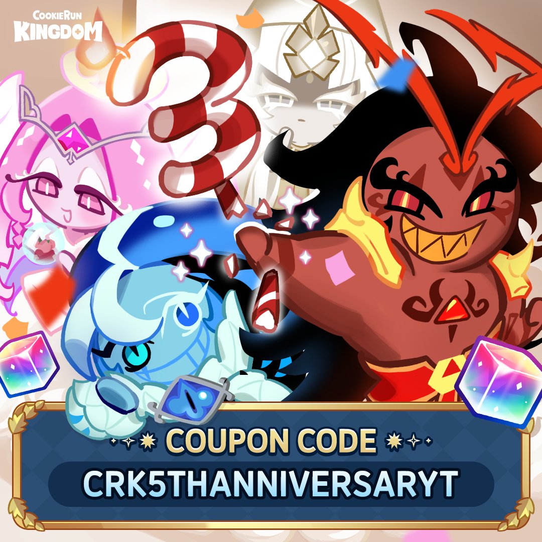 CRKingdomEN's tweet image. 🤡🔥#CookieRun: Kingdom 5th Anniversary D-3🌫️💗

A little fiasco on the cake!🎂💥
The #BeastCookies are celebrating the 5th Anniversary in their own special way!
Don't miss out on today's gift!🎁

🎫 CRK5THANNIVERSARYT
📅 Until Feb 28, 23:59 (GMT+9)
🔔 game.devplay.com/coupon/ck/en…