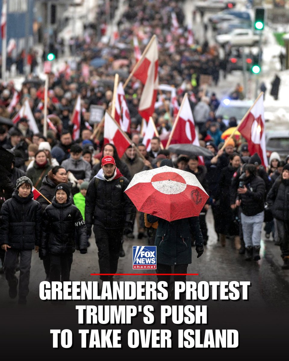 FoxNews's tweet image. LINE IN THE SNOW: Thousands of protesters in Greenland's capital, Nuuk, reportedly turned out on Saturday to reject President Trump's push to acquire the island.

Among the protesters was Greenland's prime minister, Jens-Frederik Nielsen, who led a march to the U.S. consulate,…