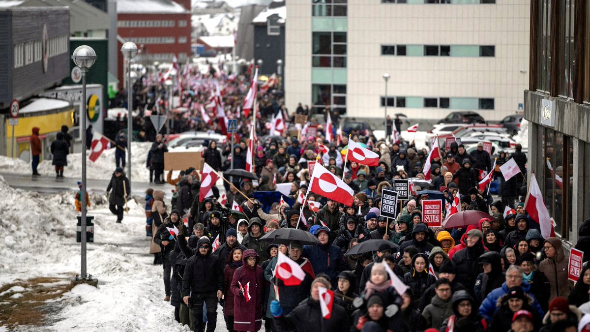 FoxNews's tweet image. LINE IN THE SNOW: Thousands of protesters in Greenland's capital, Nuuk, reportedly turned out on Saturday to reject President Trump's push to acquire the island.

Among the protesters was Greenland's prime minister, Jens-Frederik Nielsen, who led a march to the U.S. consulate,…