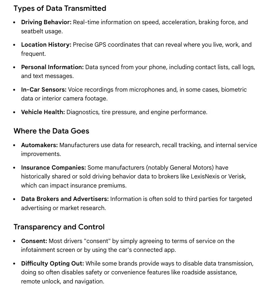 <a href="/KatKanada_TM/">Kat Kanada</a> Did you ever do a search on Google and then find Facebook filled with advertisements from the company you searched? Do you own a phone? Did you ever read the automakers privacy notice? This is the data mine/your new vehicle transmits to automakers and third parties.