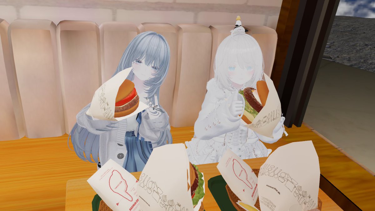 cube_resolve's tweet photo. くくちゃんとモスバーガー&とろったまチーズテリヤキバーガー作ったよ〜🍔✨
サイドメニューもバッチリ✌️
公式ワールドで体験できるの凄いよね!
沢山お話ししたり、ちょっとおふざけしてみたり、あっという間の楽しい時間でした🩵
ありがとうございました😌また遊ぼうね
#月モス #mosmoon #VRC https://t.co/HsDE0OONXv