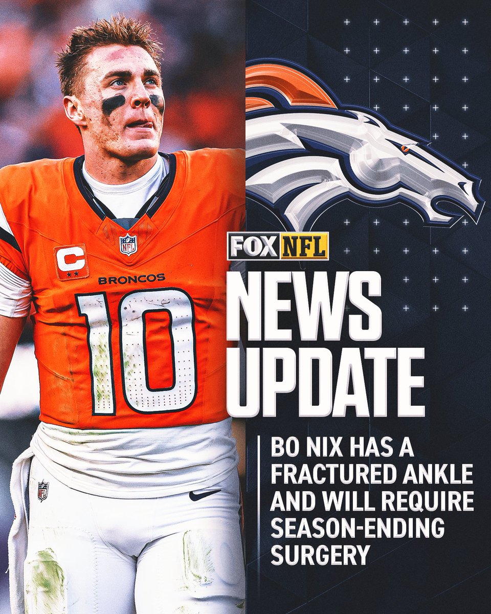 NFLonFOX's tweet image. Bo Nix has a fractured ankle and will require season-ending surgery, Sean Payton announced.

Jarrett Stidham will start in the AFC Championship.
