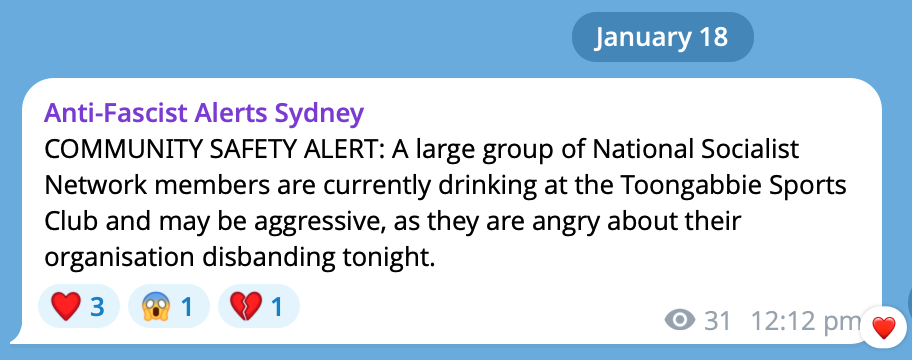 COMMUNITY SAFETY ALERT: A large group of National Socialist Network members are currently drinking at the Toongabbie Sports Club, Sydney and may be aggressive, as they are angry about their organisation disbanding tonight. 
Join to get alerts on Telegram: t.me/antifaalertssy…