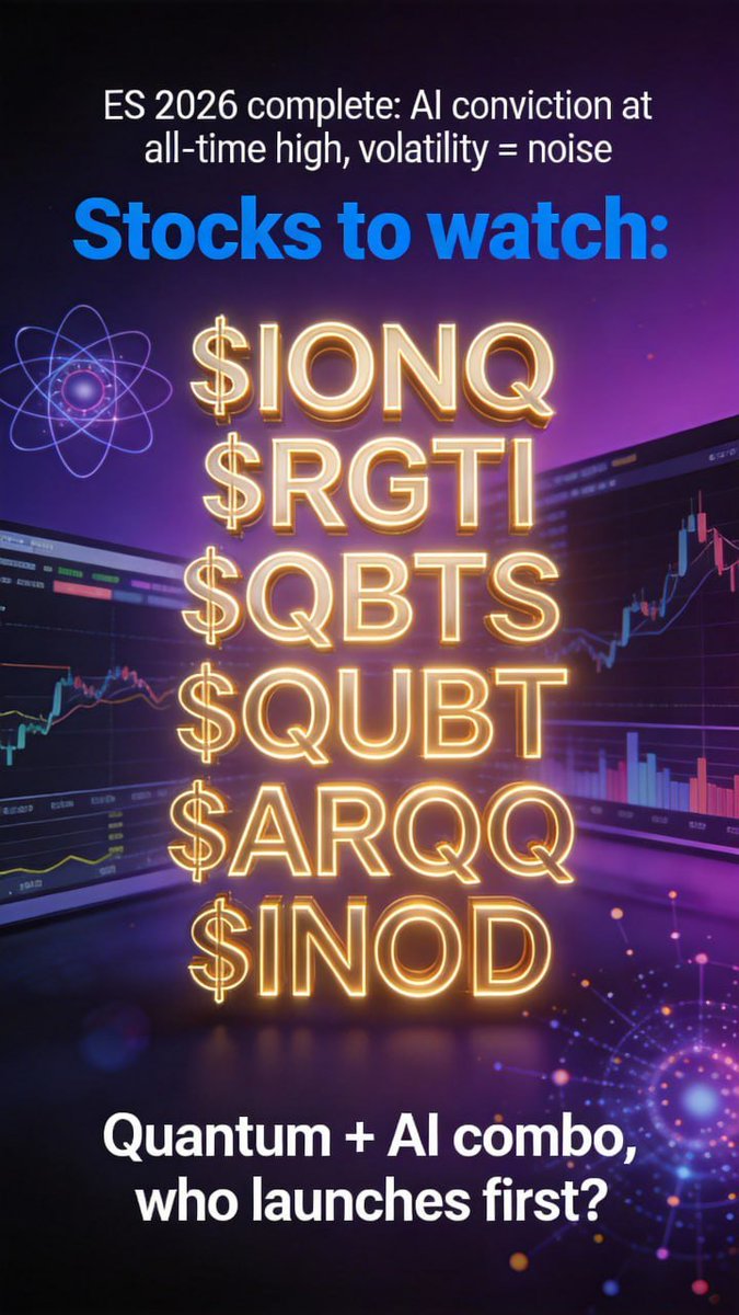 Chanciley's tweet image. ES 2026 complete: AI conviction at all-time high, volatility = noise 🌪
Stocks to watch: $IONQ $RGTI $QBTS $QUBT $ARQQ $INOD
Quantum + AI combo, who launches first? ⚛️ #Quantum #AI