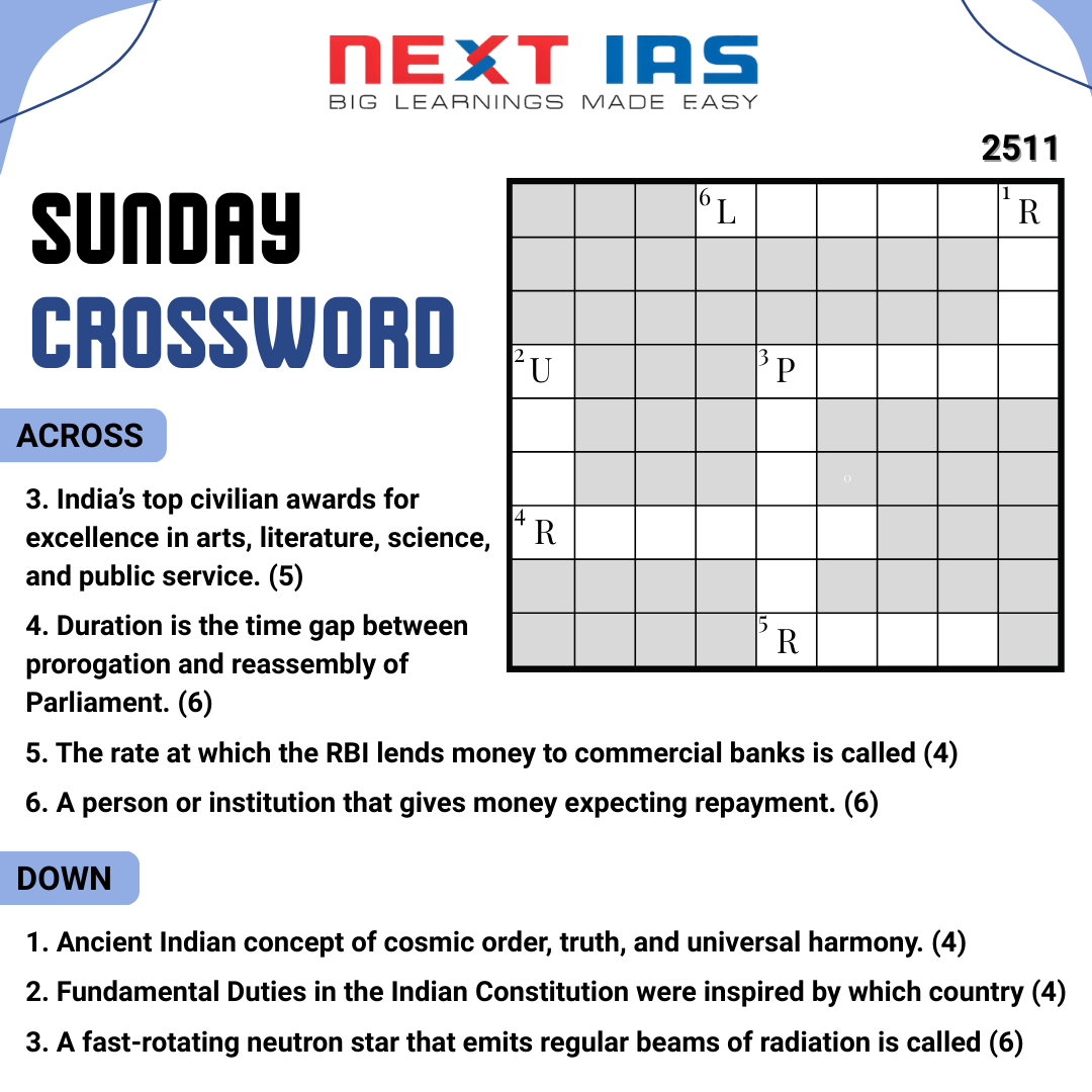 NEXTIAS_Delhi's tweet photo. Sunday Crossword is here! (2511)🧠 Let's see how many you can answer.
Drop your answers in the comments below and tag a friend who’d love the challenge! 👇
Solution will be posted tomorrow!
#nextias #sundaycrossword #upscquiz #upscpreparation #civilservices #learningmadefun #iasaspirants