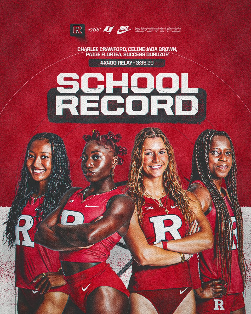 SCHOOL RECORD!

The 4x400m relay team of Charlee Crawford, Celine-Jada Brown, Paige Floriea and Success Duruzor broke a nearly 13-year old record as the group ran 3:36.29, giving the Scarlet Knights three school records in the first two weekend meets of 2026. 

#GoRU | 🛡️⚔️