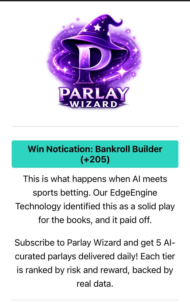 ParlayWizardEV's tweet image. Attention users: you have a pleasant email waiting for you 

You can look forward to these from here on out 😎

Thank you for all the support!!