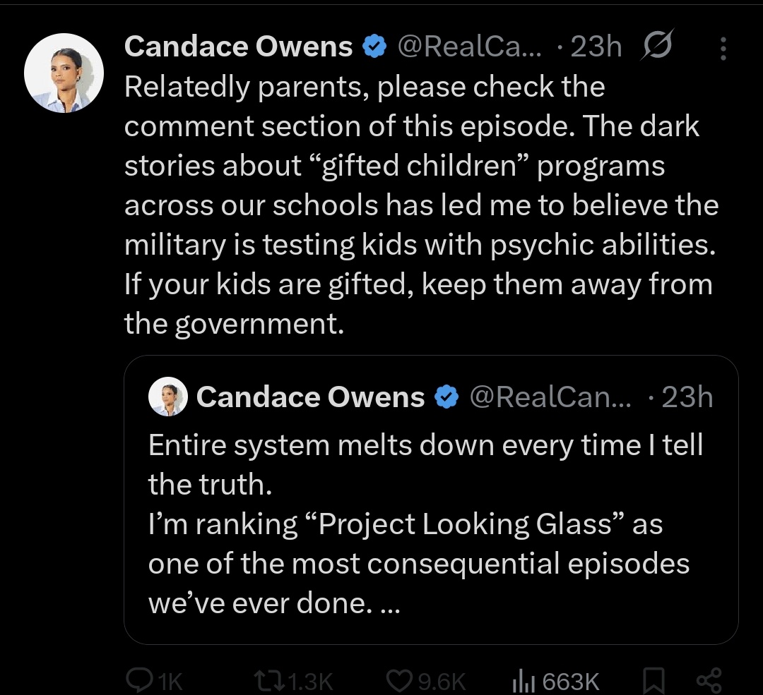 TheMilkBarTV's tweet image. Candace Owens on her show: The government had a program called Project Looking Glass that developed technology to see through time. They’re also doing X-Men–style experiments on gifted children. Here’s a screenshot of one time Charlie Kirk said he was a time traveller. Here's an…