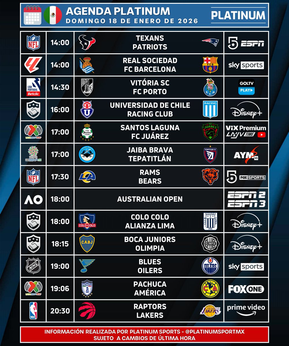 ¡DOMINGAZO!

🇲🇽 #AgendaPLATINUM
🗓️ Domingo 18 de Enero de 2026

⏰📺 Horarios y transmisiones para México.
⚠️ Sujeto a cambios.