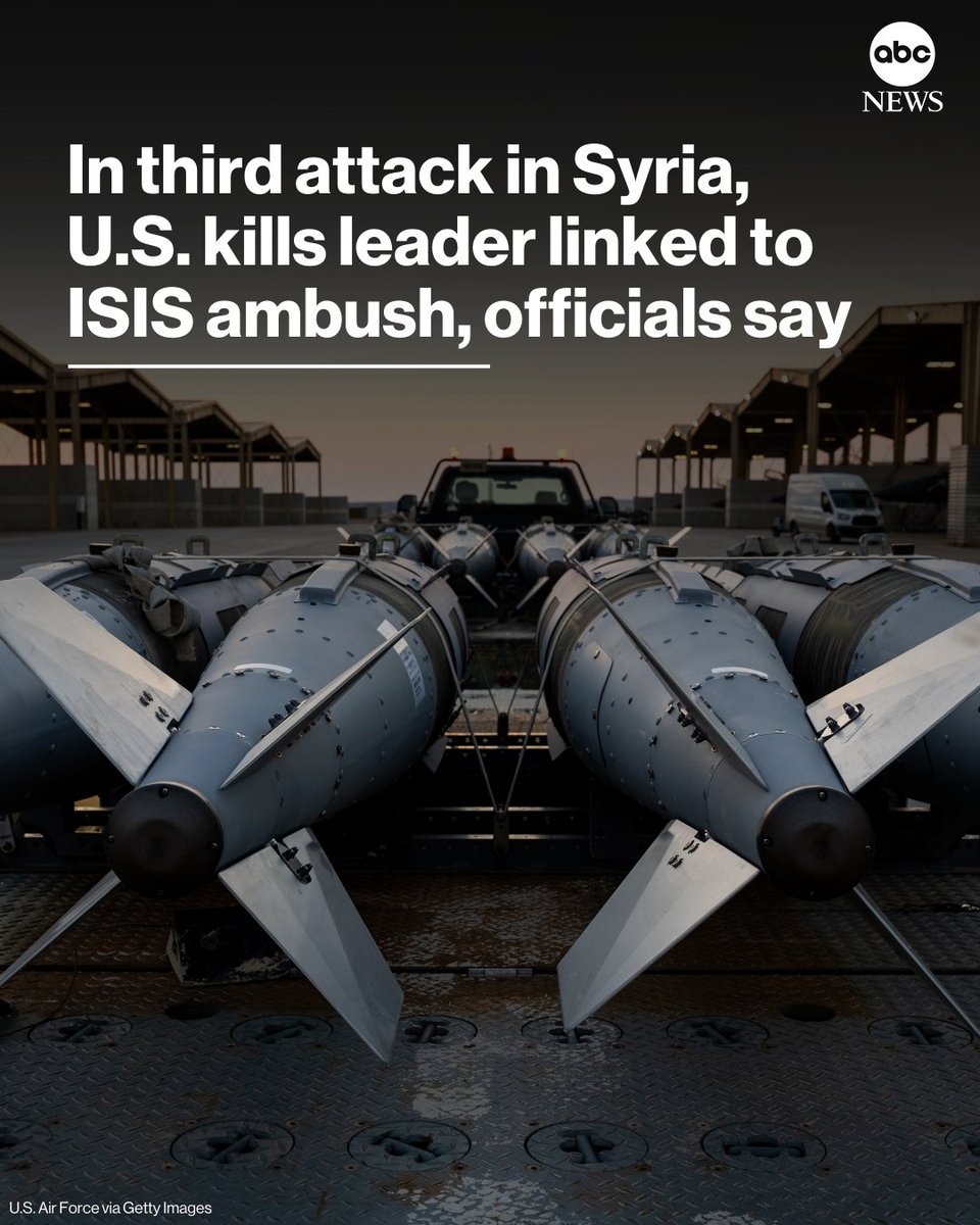 ABC's tweet image. The U.S. military launched a third round of retaliatory strikes in Syria on Friday, killing an Al-Qaeda-affiliated leader with ties to an ambush attack by an ISIS gunman last month that killed three Americans, U.S. officials said. abcnews.link/ZusO4tq