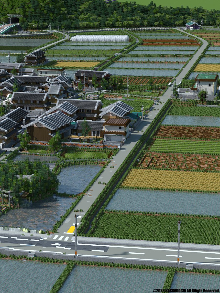 Minecraftで作る町  
圃場と奥に山が見える場所
この前上げた場所の反対側からです