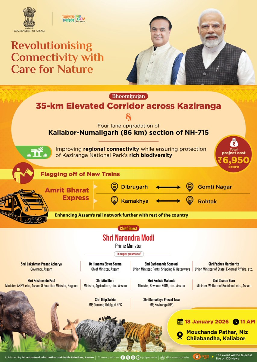 narendramodi's tweet image. Looking forward to being in Kaliabor, Assam today for the Bhoomi Poojan of key development works, including the 35 km elevated corridor across Kaziranga. This will go a long way in safeguarding animals, particularly in the monsoon season. During the programme, Amrit Bharat trains…