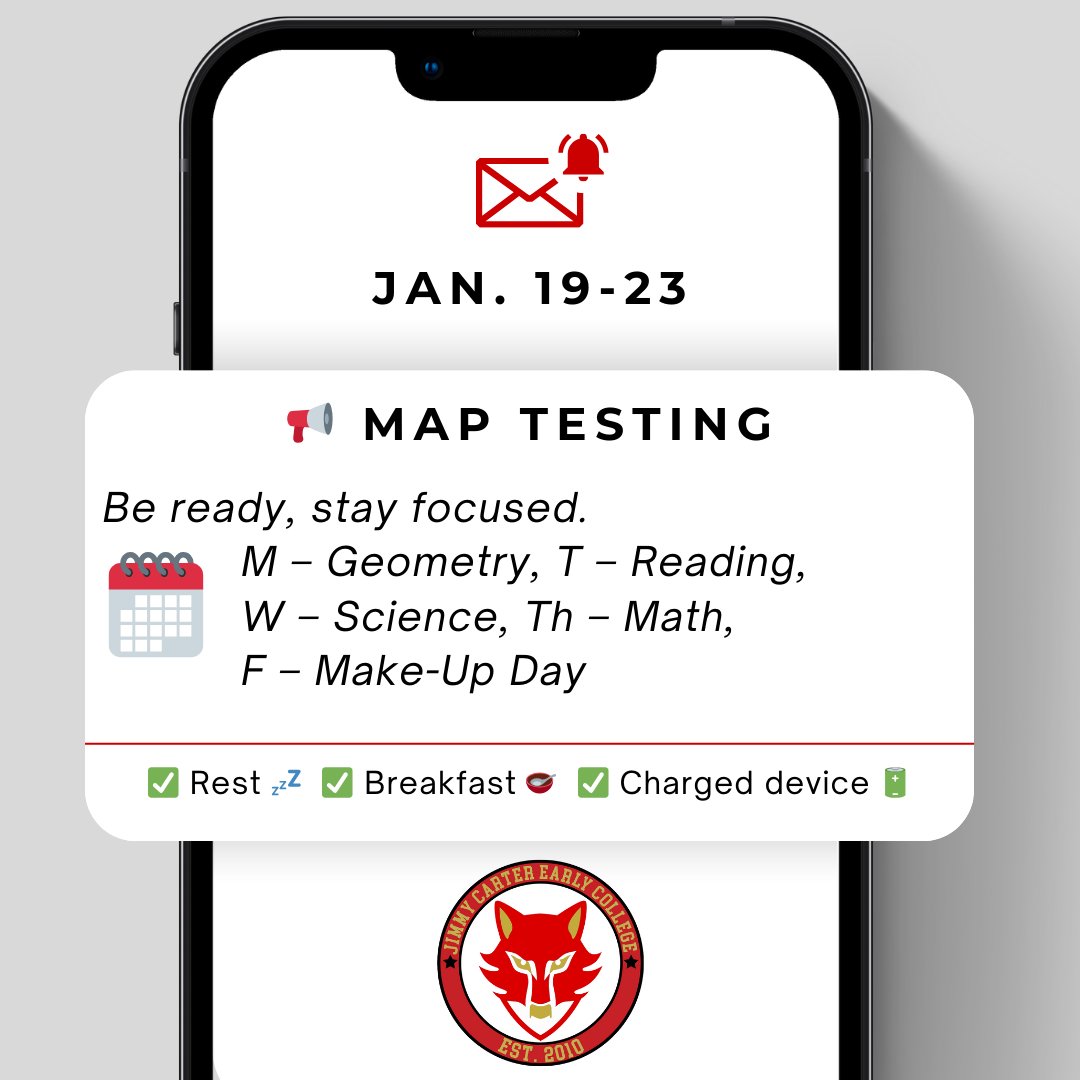 RedGoldNews's tweet image. 📢 MAP Testing Week
🧠 Show what you know 💪

🗓️ Schedule:
Mon: Geometry
Tue: Reading
Wed: Science
Thu: Math
Fri: Make-Up Day

✅ Sleep well
✅ Eat breakfast
✅ Bring your charged device 🔋

#MAPTesting #TestWeek #YouGotThis