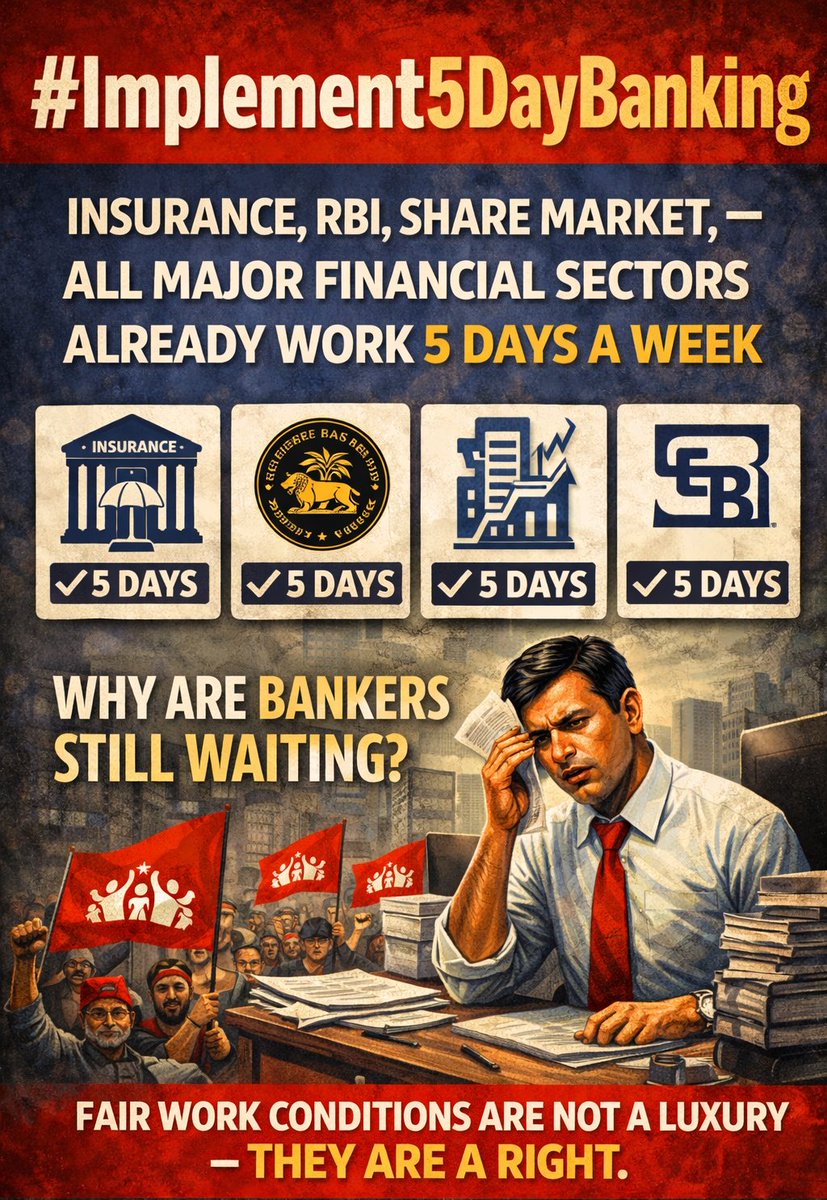 #Implement5DayBanking
Insurance, RBI, Share Market, SEBI — all major financial sectors already work a 5-day week.

❓ Why are bankers still waiting?
Fair work conditions are not a luxury — they are a right.

<a href="/aiboc_in/">All India Bank Officers' Confederation (AIBOC)</a> <a href="/UBOA_Gujarat/">UBOA Gujarat AIBOC</a>