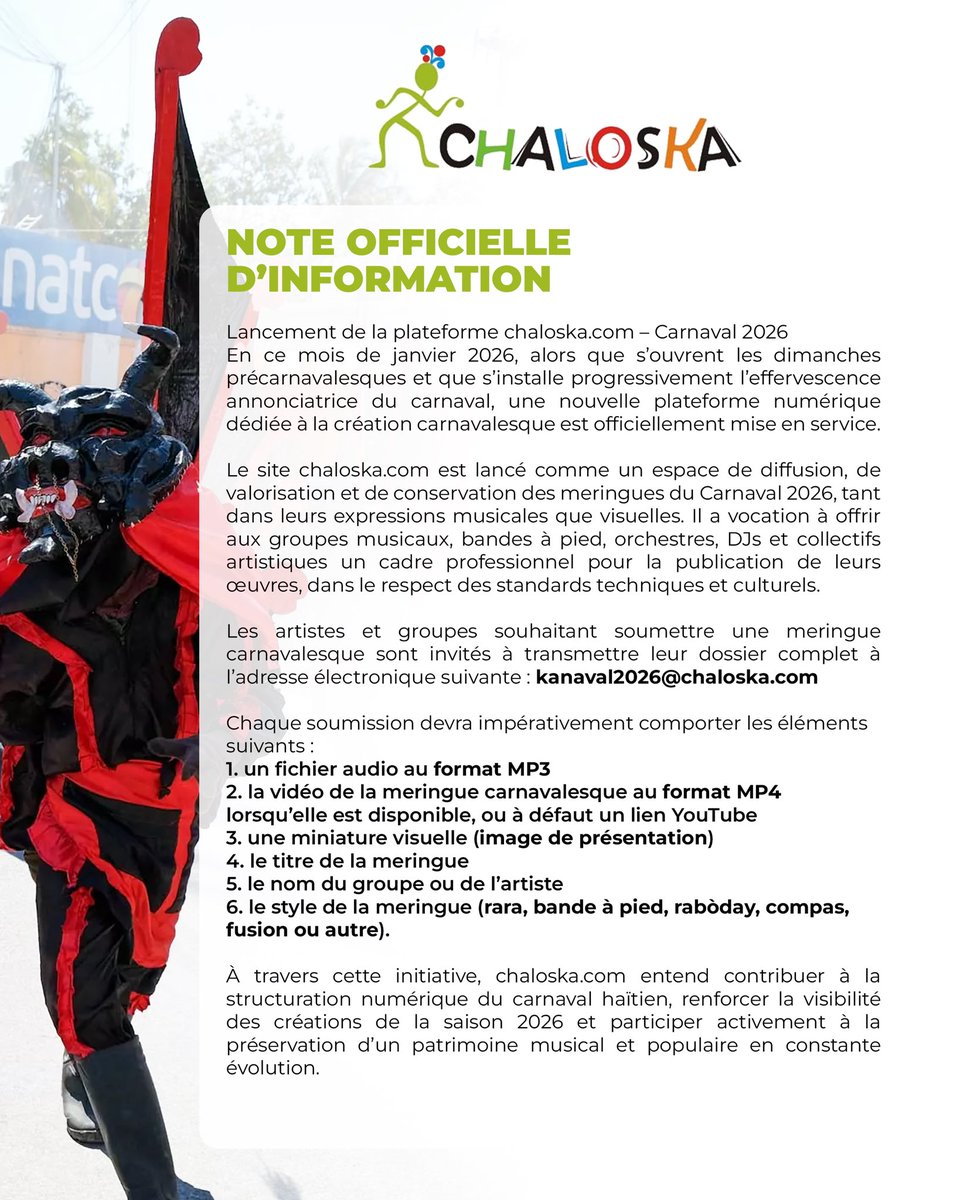 🎭 CHALOSKA.COM, NOUVO VITRIN KANAVAL AYISYEN AN — Apre epòk Bax Family nan ane 2000 yo, epi platfòm Plezikanaval ki te pèmèt anpil Ayisyen tande, dekouvri ak apresye méring kanaval yo sou entènèt, chaloska.com antre jodi a nan listwa kòm nouvo espas dijital