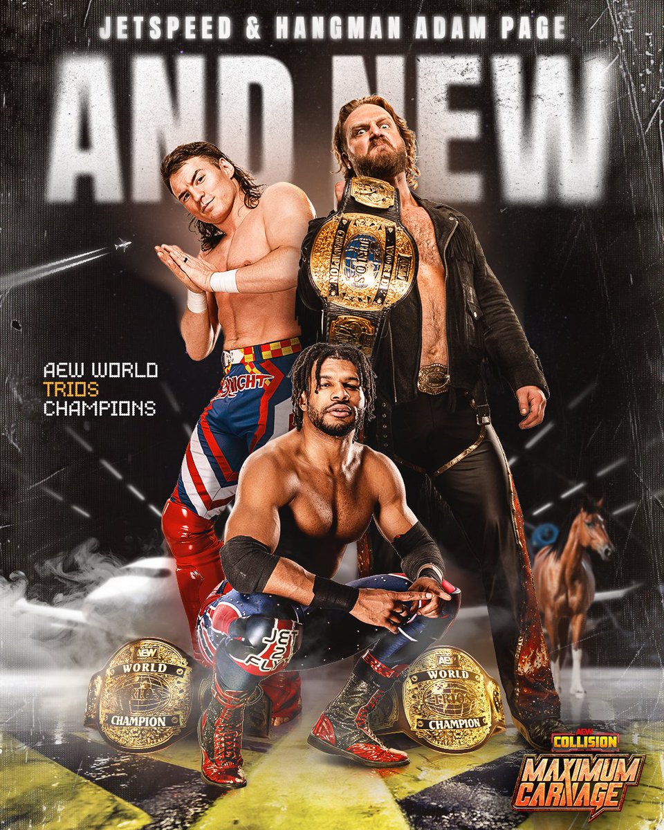 AEW's tweet image. #AndNew!

Hangman Adam Page, @Jet2Flyy + @SpeedballBailey are the NEW AEW World Trios Champions!