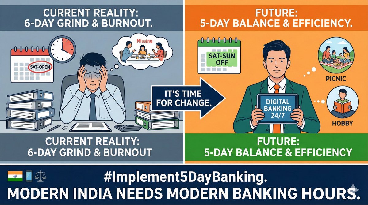 5uk4ph4's tweet photo. With UPI and Net Banking running 24/7, physical branches don't need to be open 6 days a week. 📱 The infrastructure is ready. The customers are adapted. The only thing lagging is the policy. Sync our work culture with our digital reality. 🇮🇳 #Implement5DayBanking #DigitalIndia https://t.co/zN8yyXTI8g