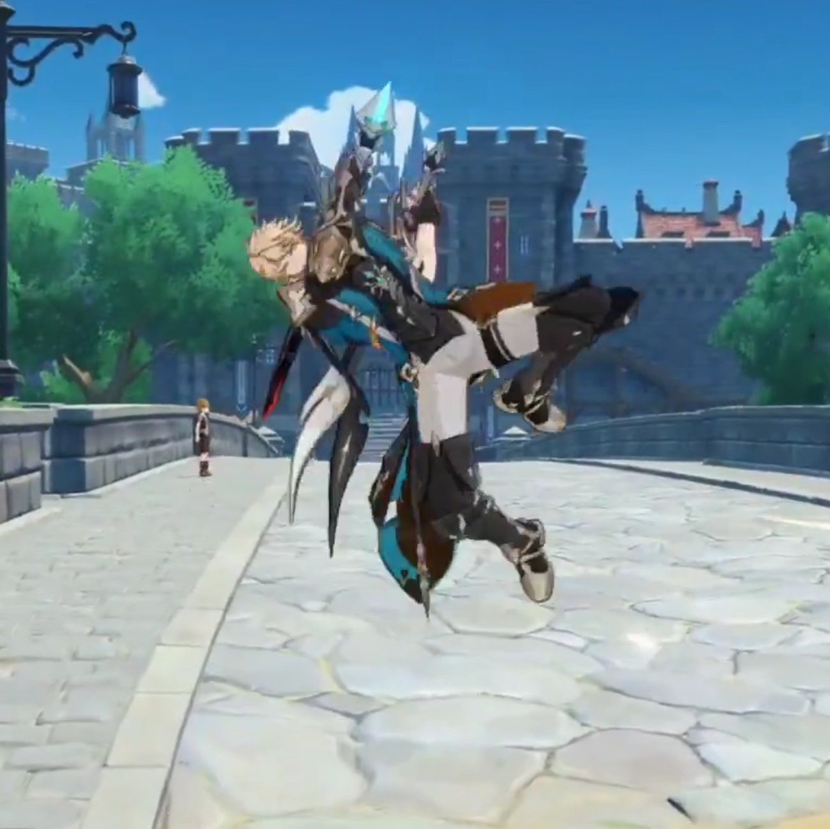 bennyteamdaily's tweet image. The cute thing is that Razor is trying to do the jumping action Varka is doing but he instead ends up flinging himself upwards when landing... So adorable ❤️