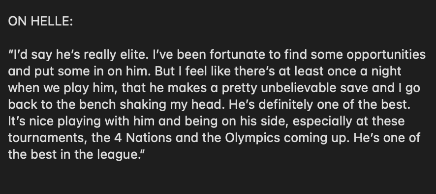CBrooksie84's tweet image. #MapleLeafs Auston Matthews to @danielleBain on Connor Hellebuyck:

"There’s at least once a night when we play him, that he makes a pretty unbelievable save and I go back to the bench shaking my head... He’s one of the best in the league.”